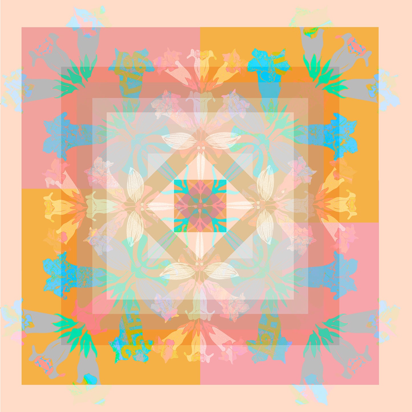 Vibrant floral design of American Folk Art Silk Scarf by Leeloo + Zohan, showcasing a colorful symmetrical pattern on silk habotai.