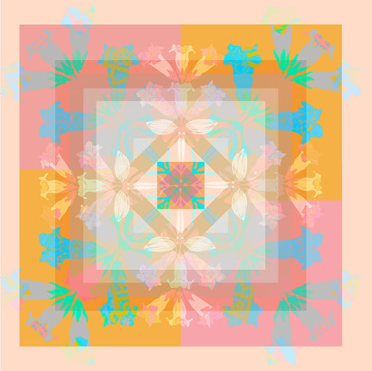 Vibrant floral design of American Folk Art Silk Scarf by Leeloo + Zohan, showcasing a colorful symmetrical pattern on silk habotai.