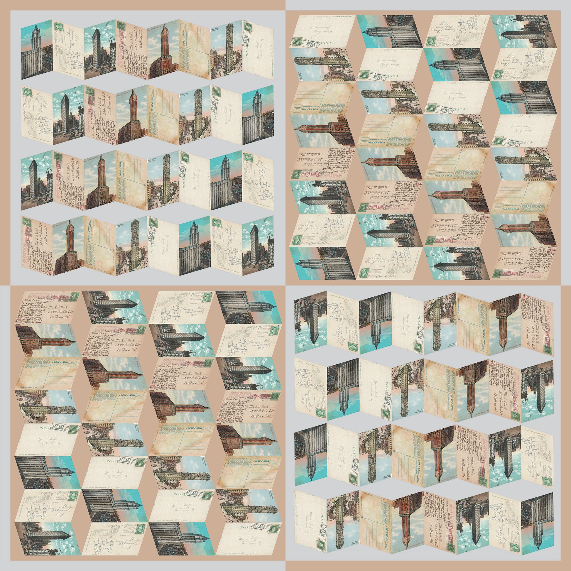 A seamless pattern showcasing the Manhattan Towers 2.0 scarf by Leeloo + Zohan, featuring vintage postcards of New York City landmarks in a geometric patchwork design.