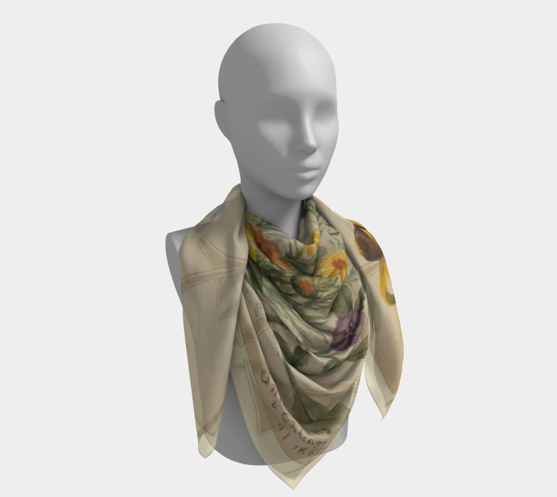 A mannequin displaying a serene silk scarf with a floral watercolor pattern from the Smithsonian American Art Museum, designed by Leeloo + Zohan, titled 'On The Plains & Chicago'.