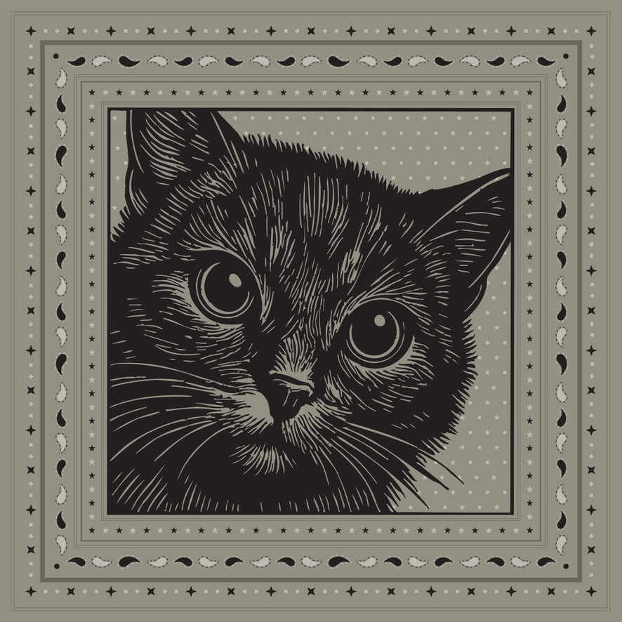 Detailed illustration of a cat’s face in a woodcut style on a silk scarf by Leeloo + Zohan titled 'Le Chat Zohan'.