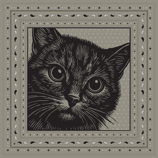 Detailed illustration of a cat’s face in a woodcut style on a silk scarf by Leeloo + Zohan titled 'Le Chat Zohan'.