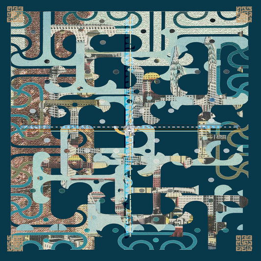 Artistic design of the Chrysler Building silk scarf by Leeloo + Zohan featuring a vintage postcard layer and ancient Egyptian patterns.