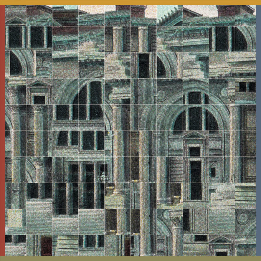 Geometric collage design of the Metropolitan Museum of Art, showcased by Leeloo + Zohan on a silk scarf.