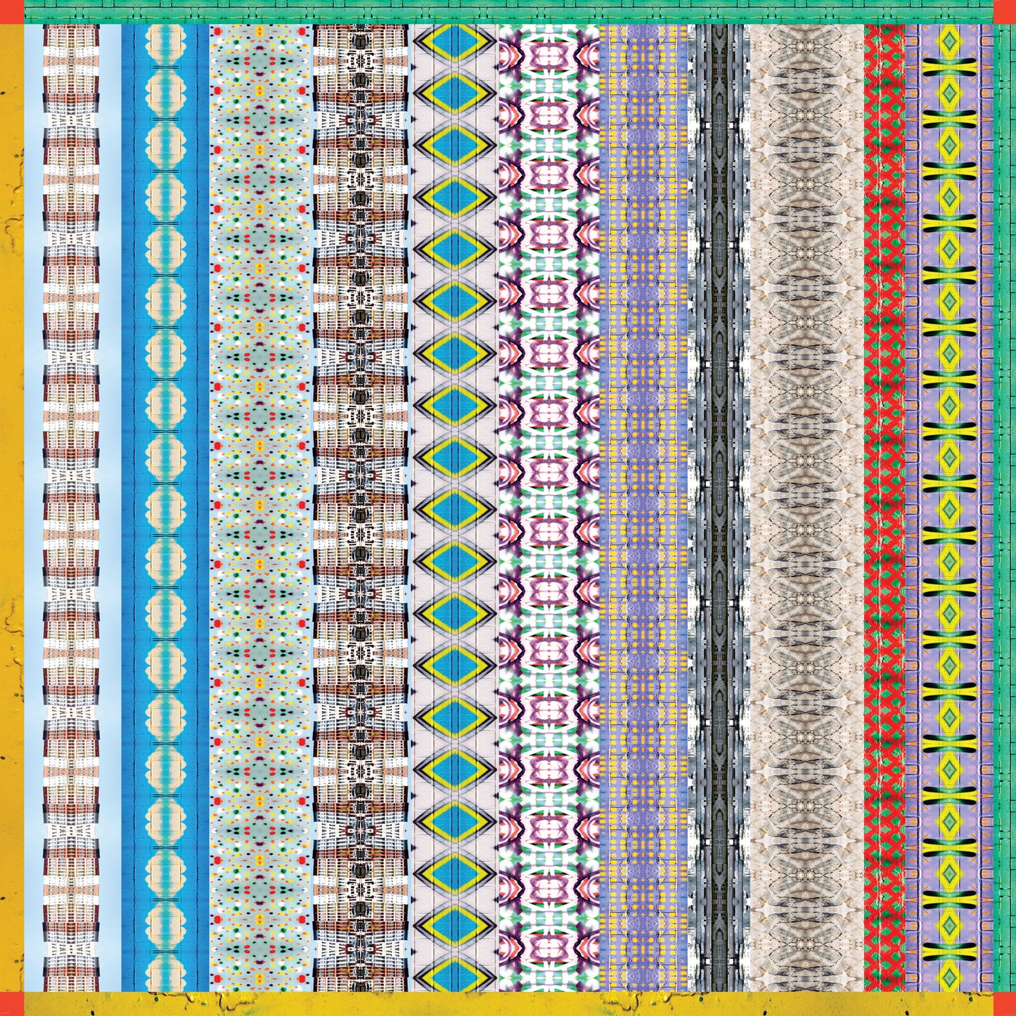 Colorful geometric patterned design of a scarf titled 'Graffiti of NYC' by Leeloo + Zohan, showcasing vibrant textures and striped patterns.