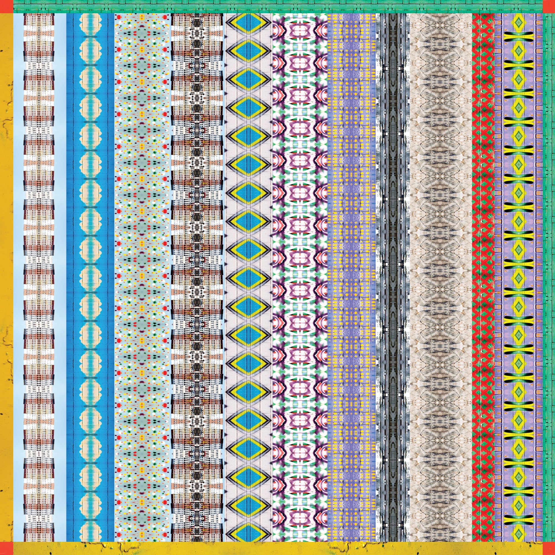 Colorful geometric patterned design of a scarf titled 'Graffiti of NYC' by Leeloo + Zohan, showcasing vibrant textures and striped patterns.