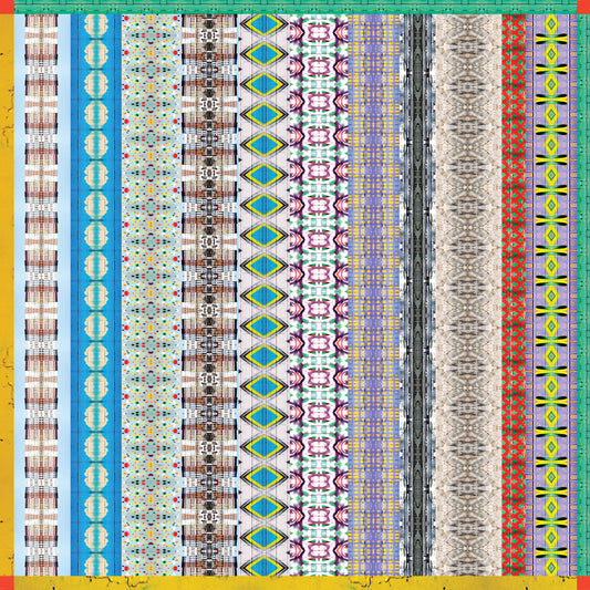 Colorful geometric patterned design of a scarf titled 'Graffiti of NYC' by Leeloo + Zohan, showcasing vibrant textures and striped patterns.