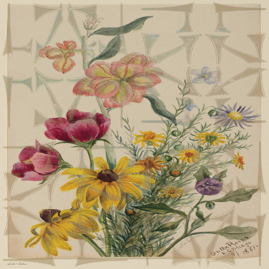 A vibrant floral watercolor illustration from the Smithsonian American Art Museum, featuring a mix of flowers including roses and daisies, by Leeloo + Zohan, titled 'On The Plains & Chicago'.