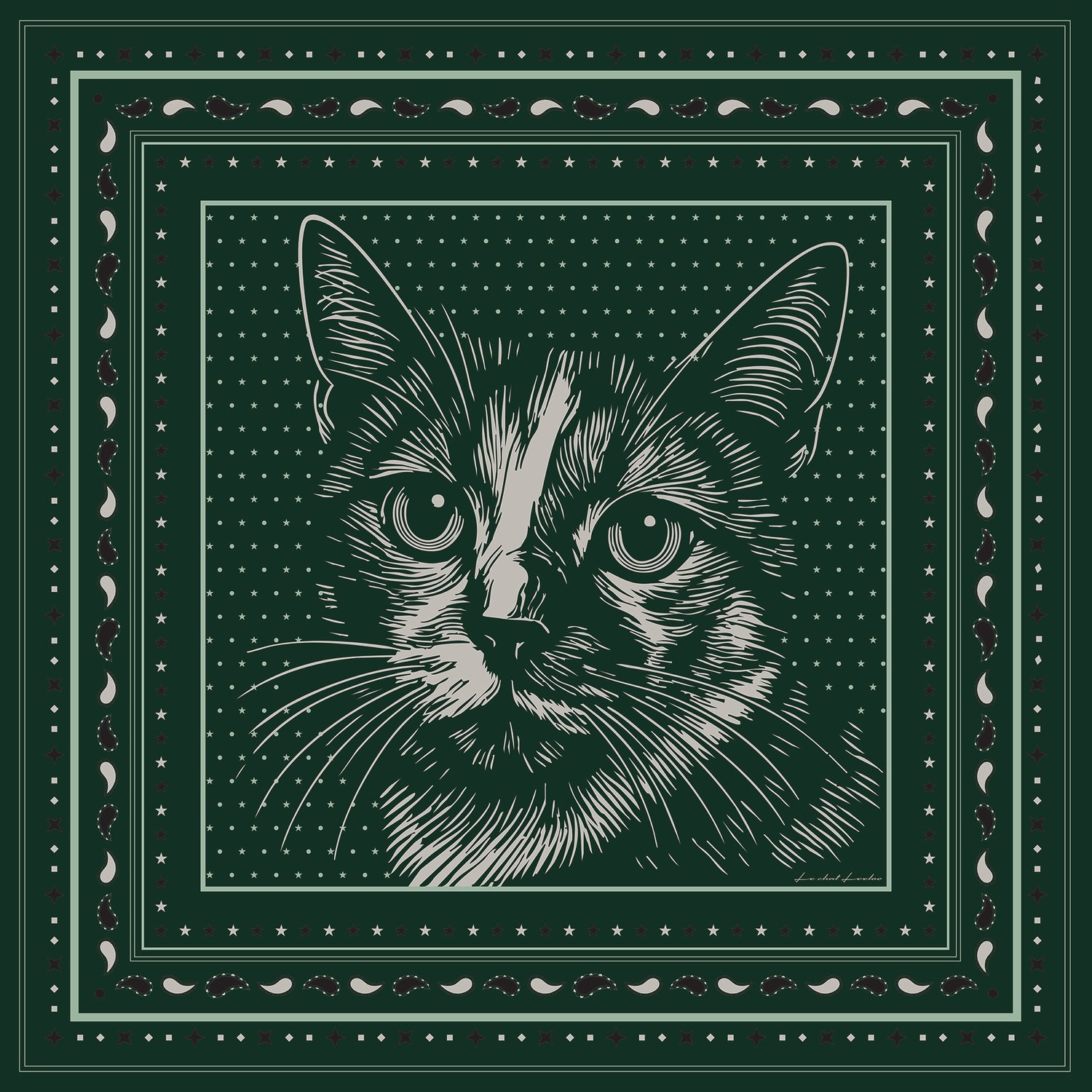 Le Chat Leeloo silk scarf featuring a striking illustration of a cat, designed by Leeloo + Zohan, framed with borders of stars and paisley motifs.