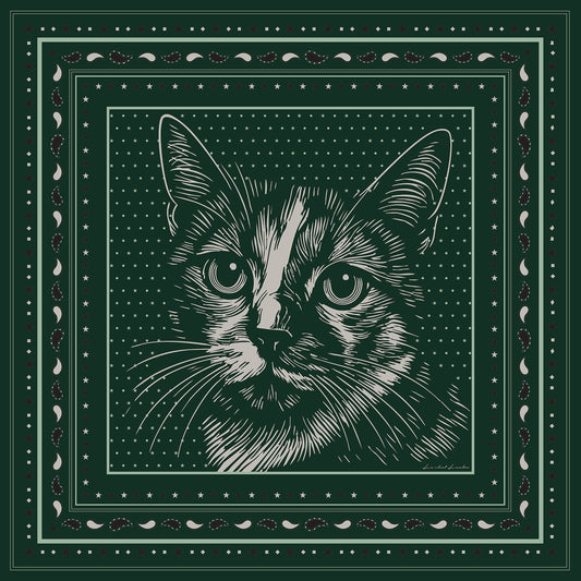 Le Chat Leeloo silk scarf featuring a striking illustration of a cat, designed by Leeloo + Zohan, framed with borders of stars and paisley motifs.