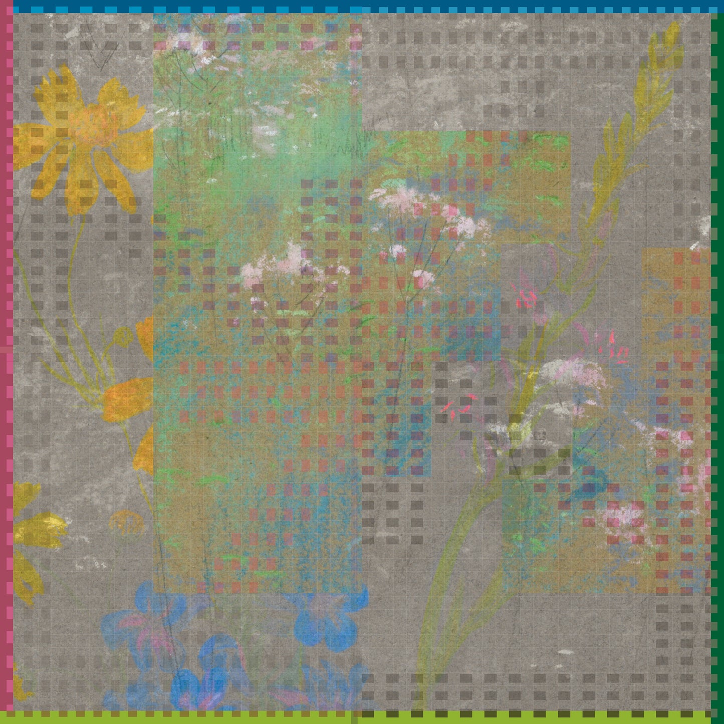 Colorful silk scarf inspired by archival artwork from the Smithsonian American Art Museum, featuring layered floral designs in vibrant colors by Leeloo + Zohan.