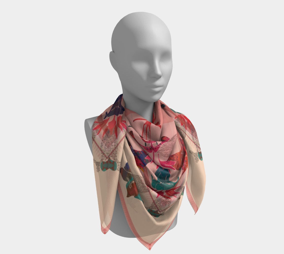 Vibrant 100% Silk Habotai Scarf with Folk Art Design by Leeloo + Zohan worn stylishly on a mannequin, highlighting its colorful folk art-inspired design.