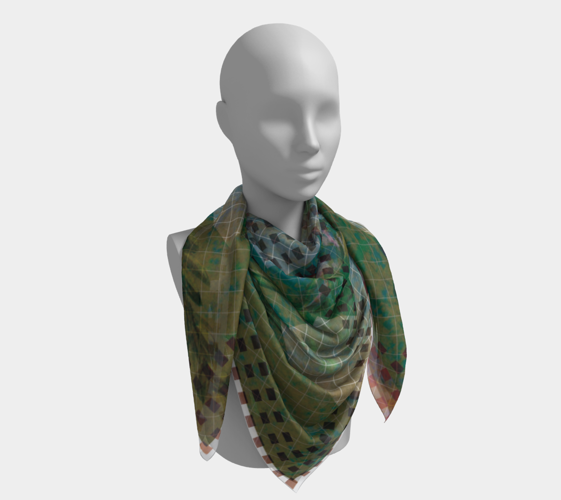 Silk scarf elegantly wrapped around a mannequin, combining botanical illustrations with the Leeloo + Zohan logo for a modern artistic statement.