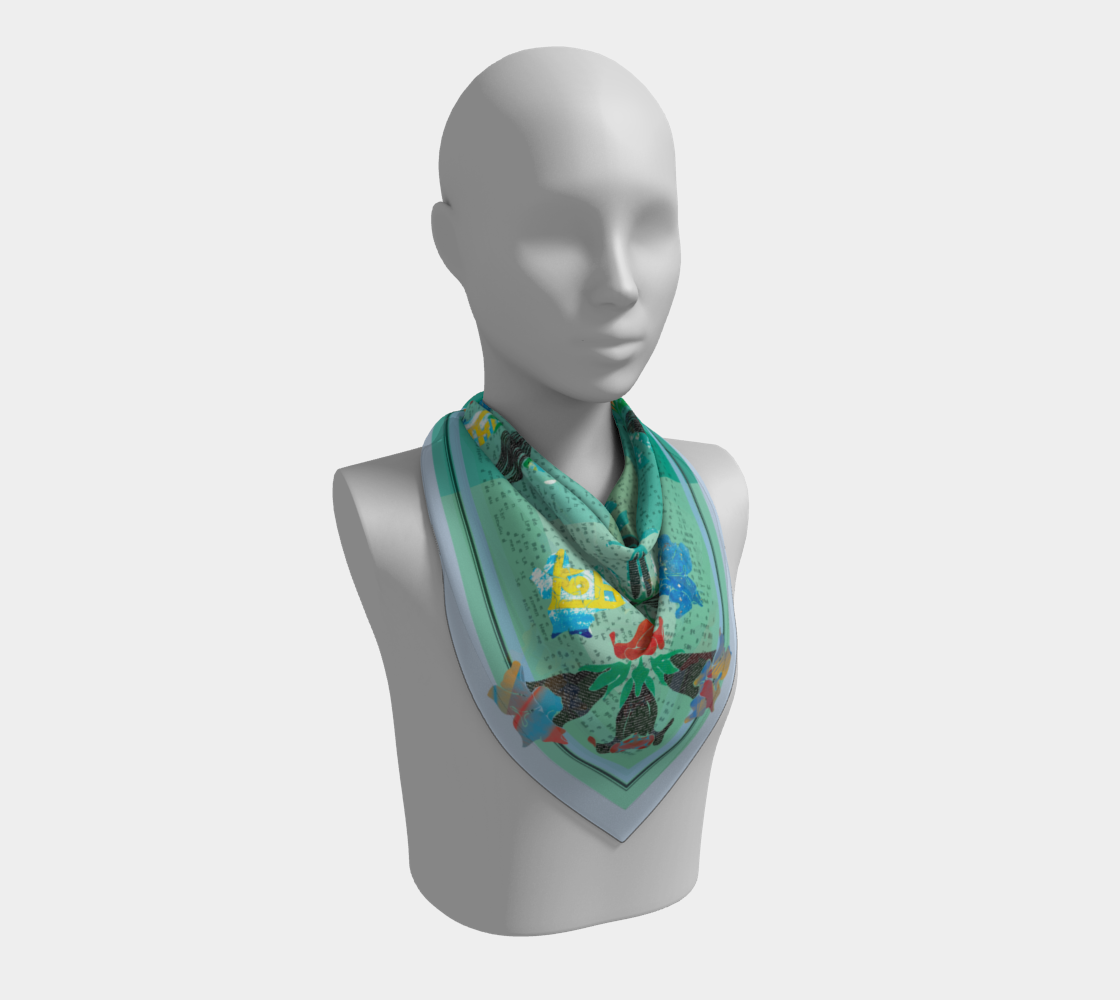 Stylish presentation of the handcrafted American Folk Art Scarf by Leeloo + Zohan, worn around the neck, featuring colorful floral patterns on silk habotai.