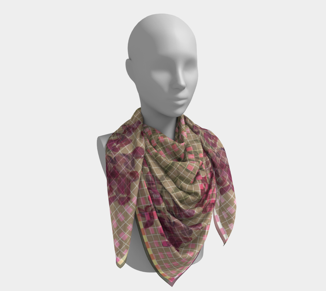 Stylish silk scarf on a mannequin with a blend of floral and grid patterns in pink and taupe, by Leeloo + Zohan, titled 'Smithsonian American Art Museum, Flowers from The Mesa'.