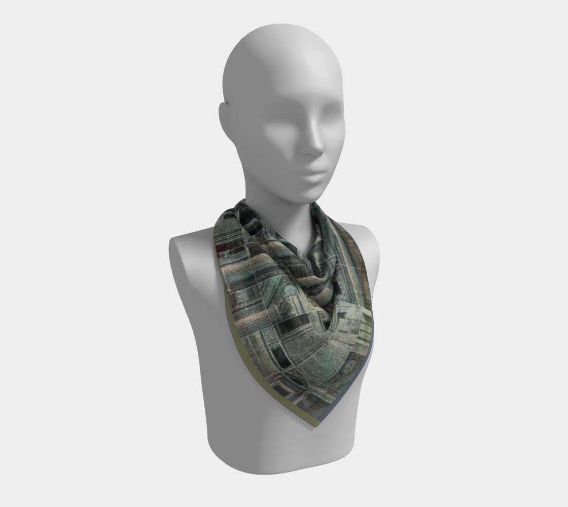 Silk scarf modeled on a mannequin, displaying the Metropolitan Museum of Art's vintage postcard design by Leeloo + Zohan.