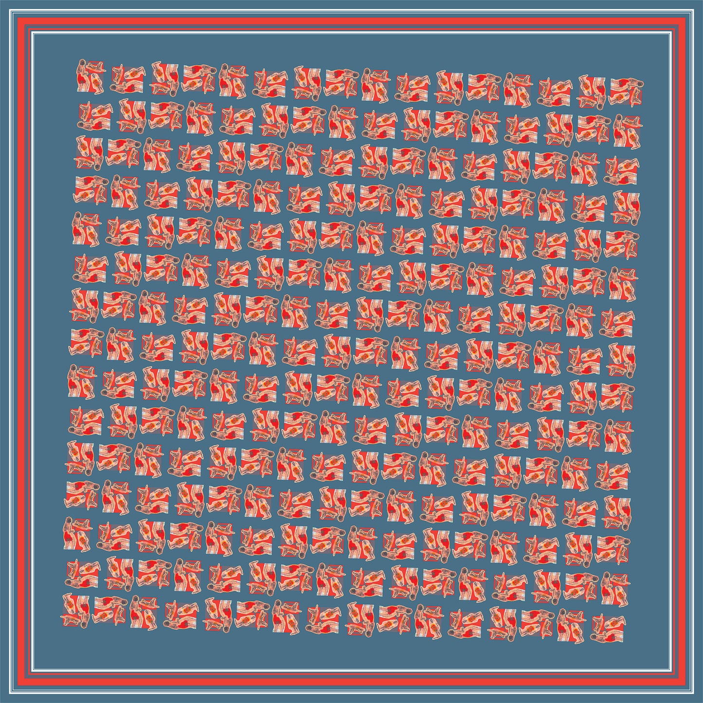 Colorful repeating pattern of red and white figures on a deep blue background, framed by stripes. Handcrafted 100% Silk Habotai Scarf - Vintage Postcard Design by Leeloo + Zohan.