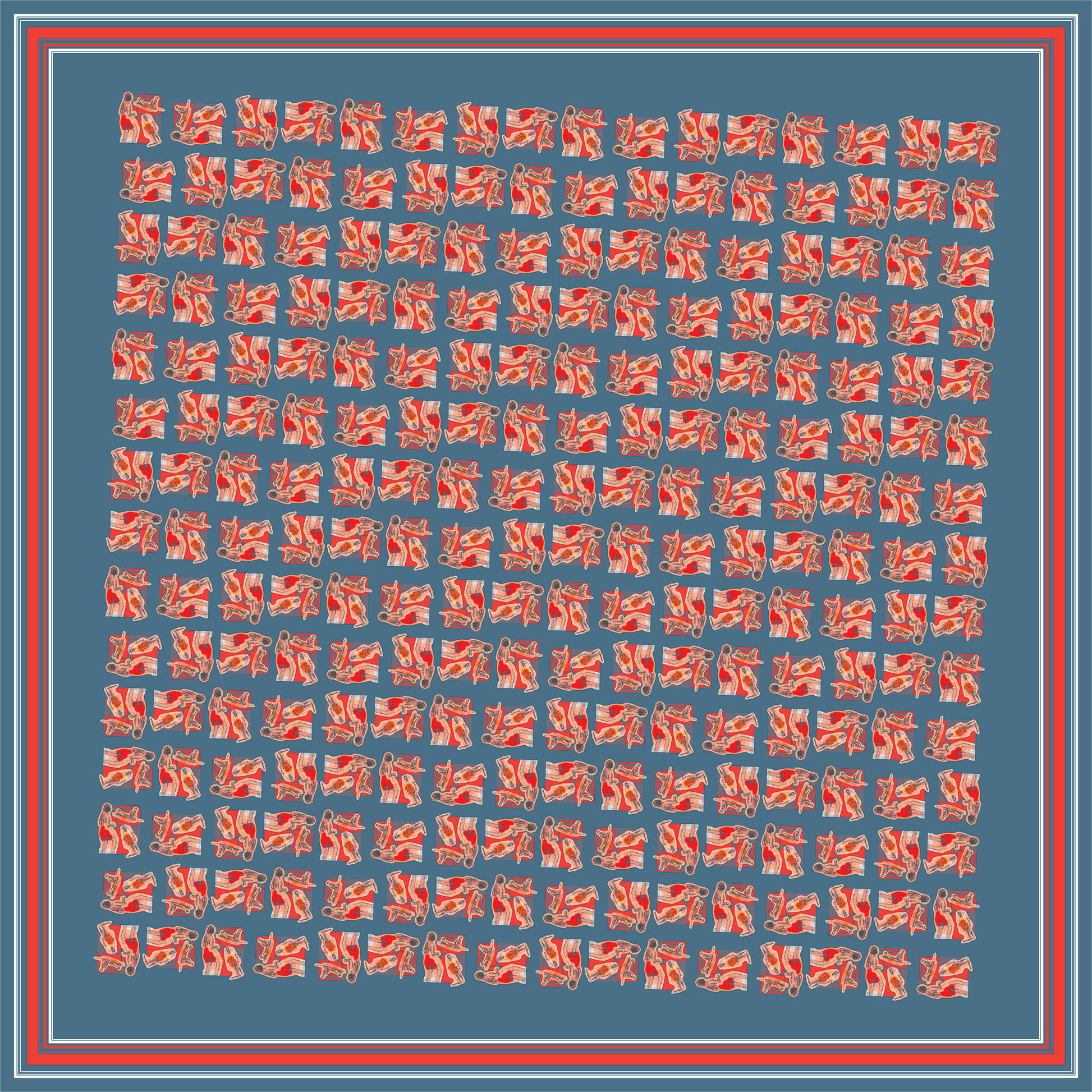 Colorful repeating pattern of red and white figures on a deep blue background, framed by stripes. Handcrafted 100% Silk Habotai Scarf - Vintage Postcard Design by Leeloo + Zohan.