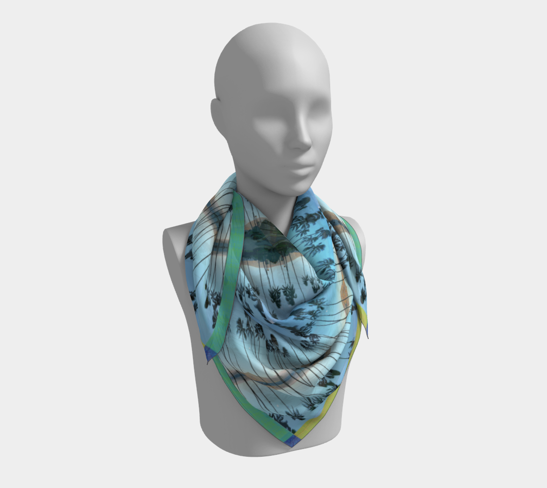 Chic silk scarf arranged beautifully, presenting the Haleakalā Horizon design from Leeloo + Zohan, featuring lush tropical patterns.