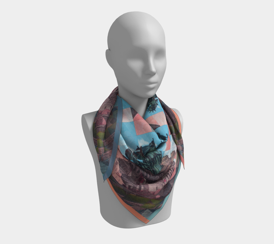 Close-up image of a silk scarf wrapped around a mannequin, featuring an abstract depiction of the Statue of Liberty, crafted by Leeloo + Zohan, titled Statue of Liberty 1.2.