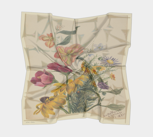A beautifully draped silk scarf showcasing a floral watercolor design inspired by the Smithsonian American Art Museum, created by Leeloo + Zohan, titled 'On The Plains & Chicago'.