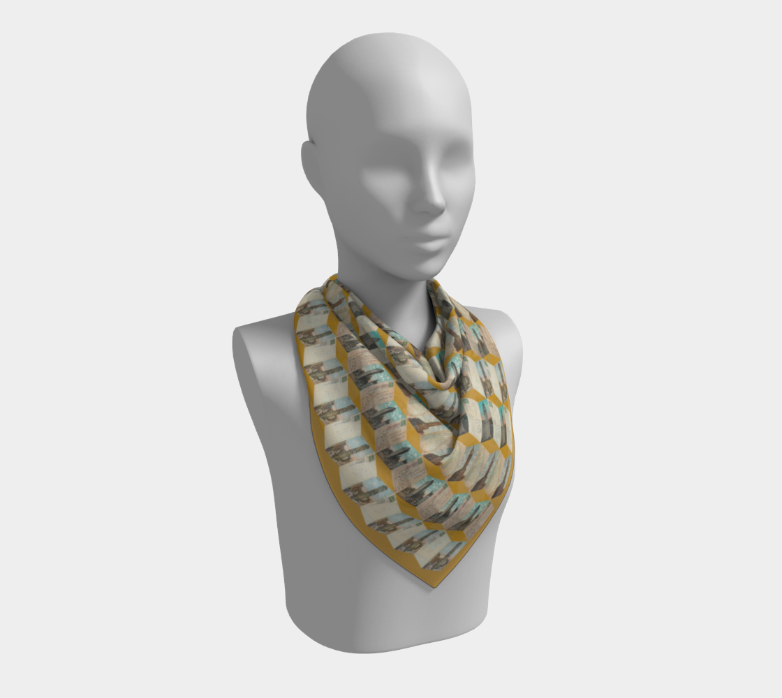 A mannequin wearing the Manhattan Towers 1.0 silk scarf, highlighting its beautiful geometric print inspired by iconic New York architecture, created by Leeloo + Zohan.
