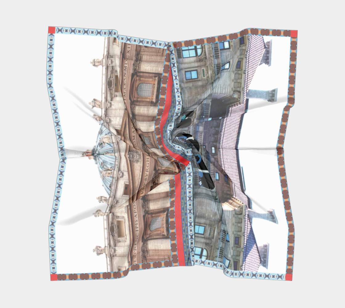 Artistic representation of a silk scarf crumpled, displaying intricate visuals from The Vatican and The Breakers by Leeloo + Zohan, perfect for fashion collectors.