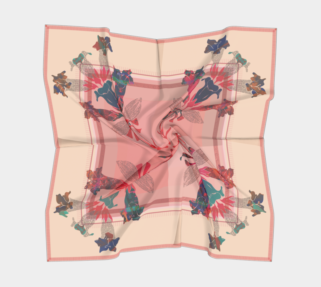 Vibrant 100% Silk Habotai Scarf with Folk Art Design by Leeloo + Zohan displayed elegantly, showcasing intricate floral motifs and a rich pink backdrop.