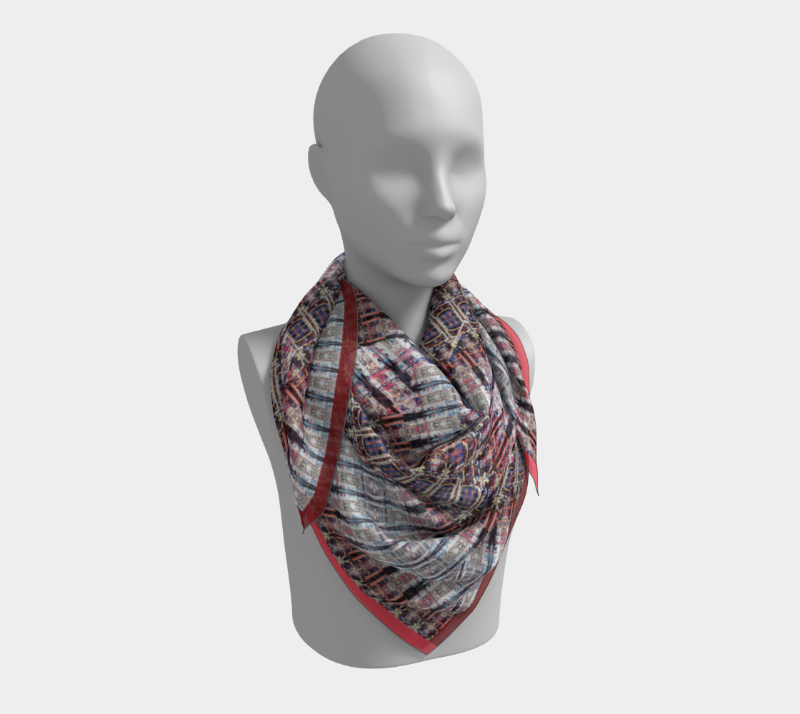 Stylish silk scarf on a mannequin, highlighting a geometric pattern of New York City photography by Leeloo + Zohan, titled 'Red Hook, Brooklyn'.