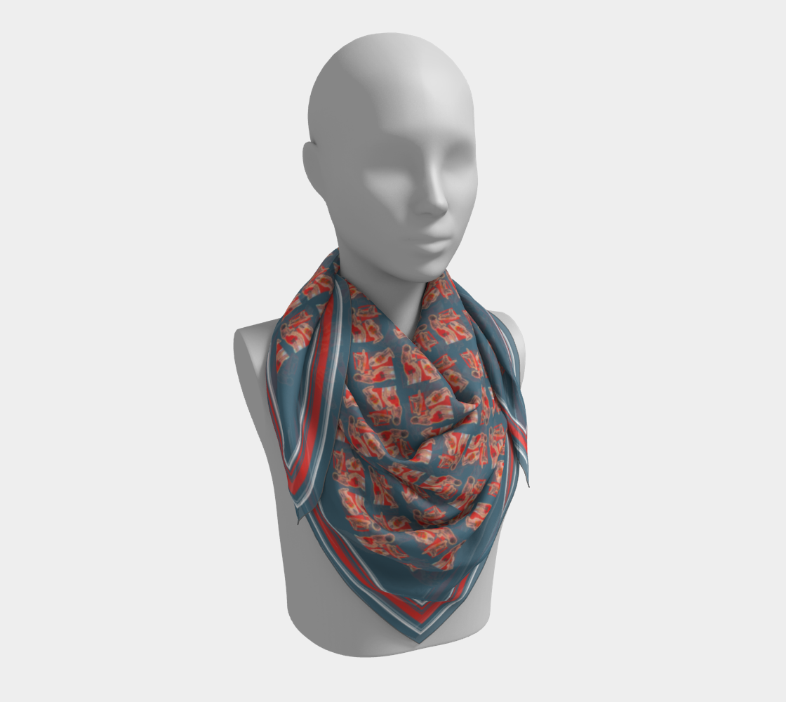 Beautifully draped 100% Silk Habotai scarf on a mannequin, featuring a vintage postcard design in red and white on blue. Crafted by Leeloo + Zohan.