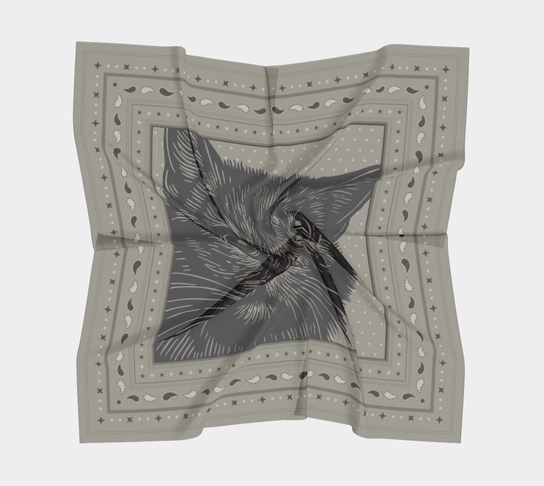 Wrinkled silk scarf displaying a cat's face in a black and gray design, part of the 'Le Chat Zohan' collection by Leeloo + Zohan.
