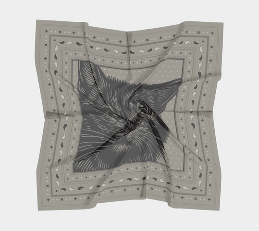 Wrinkled silk scarf displaying a cat's face in a black and gray design, part of the 'Le Chat Zohan' collection by Leeloo + Zohan.