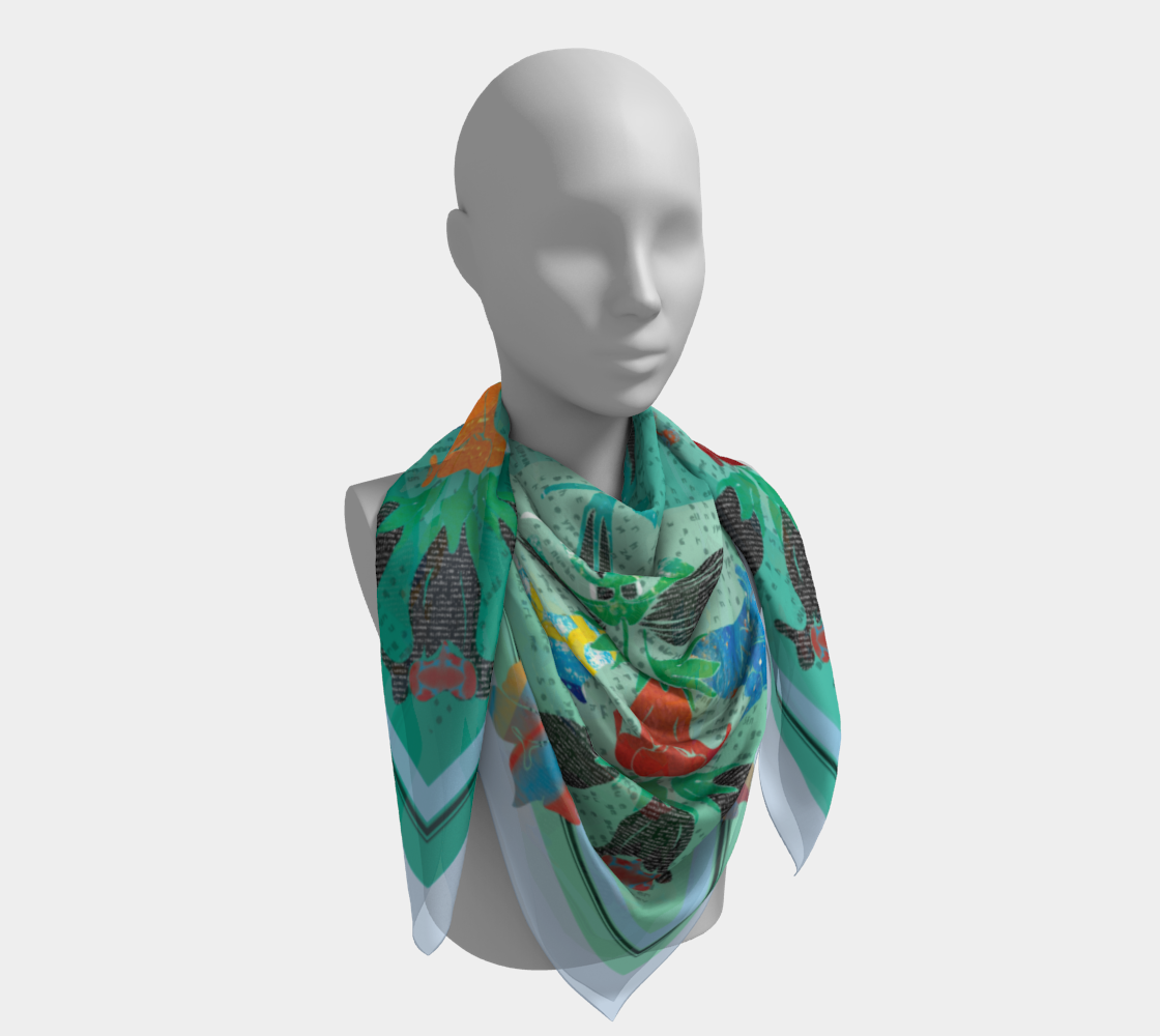Handcrafted American Folk Art Scarf by Leeloo + Zohan displayed around a mannequin neck, showcasing its luxurious silk habotai fabric and bold floral pattern.
