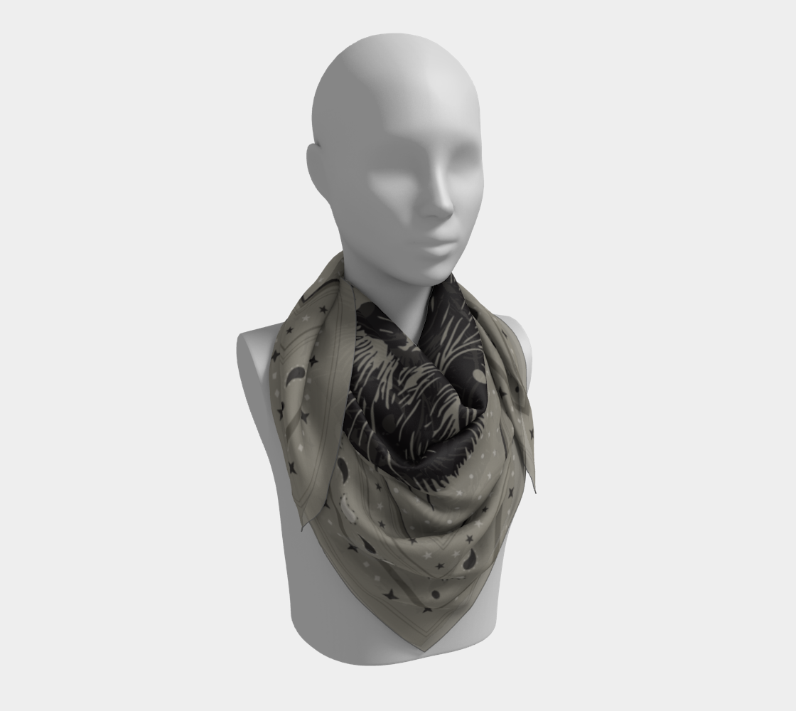 Mannequin wearing a silk scarf featuring a cat design, part of the 'Le Chat Zohan' series by Leeloo + Zohan.