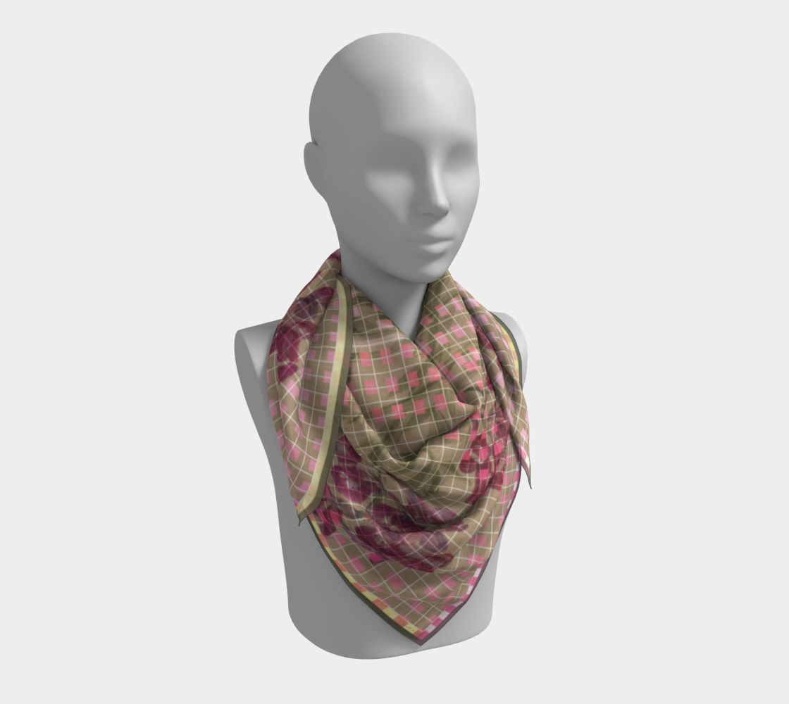 Silk scarf elegantly draped on a mannequin, highlighting pink floral designs against a taupe background, created by Leeloo + Zohan, titled 'Smithsonian American Art Museum, Flowers from The Mesa'.