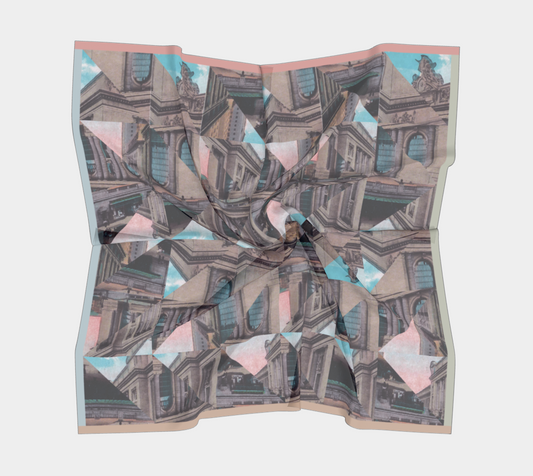 Wrinkled silk scarf design showcasing the architectural beauty of Grand Central Terminal, created by Leeloo + Zohan.