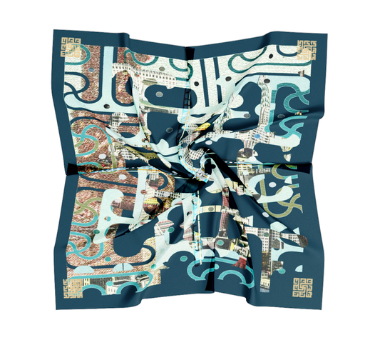 Folded Chrysler Building silk scarf by Leeloo + Zohan showcasing intricate geometric motifs and rich colors.