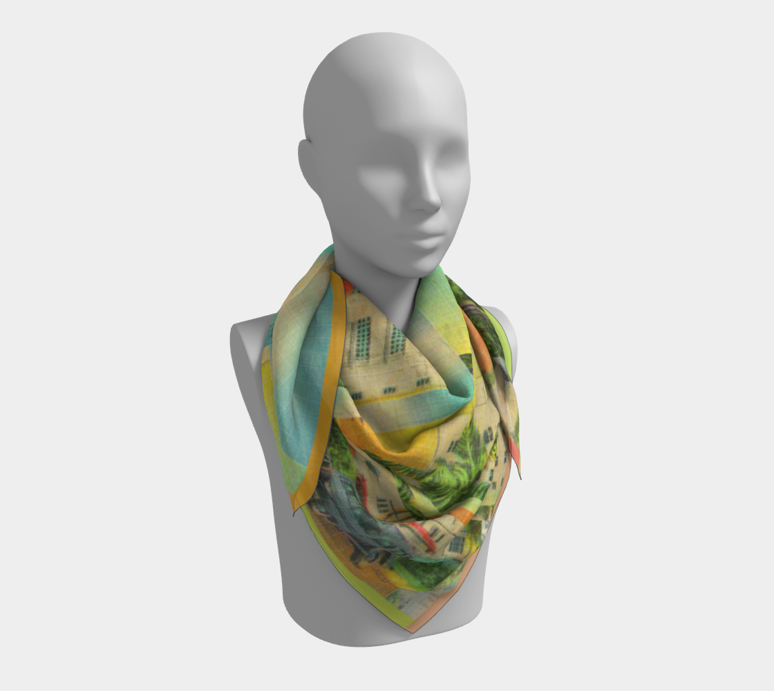 Elegant scarf with a detailed print of the Shelborne Hotel, modeled on a mannequin by Leeloo + Zohan.