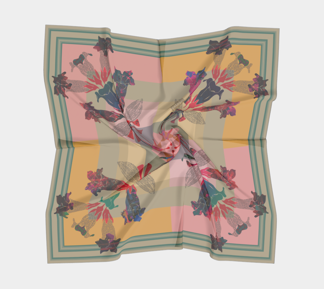 American Folk Art 100% Silk Scarf by Leeloo + Zohan, displaying the scarf draped elegantly with its floral design and colorful patterns.