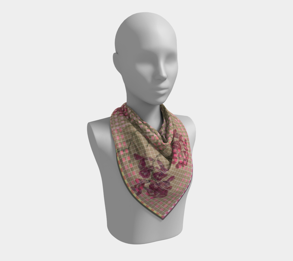 Silk scarf displayed on a mannequin, featuring modern floral motifs and geometric patterns in taupe and pink, by Leeloo + Zohan, titled 'Smithsonian American Art Museum, Flowers from The Mesa'.