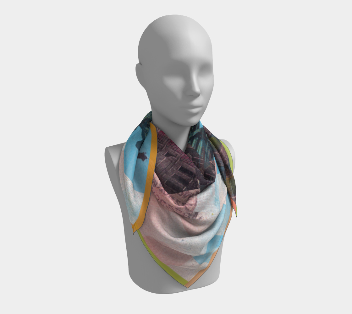Close-up view of the 'Statue of Liberty 1.1' scarf draped on a mannequin, designed by Leeloo + Zohan.