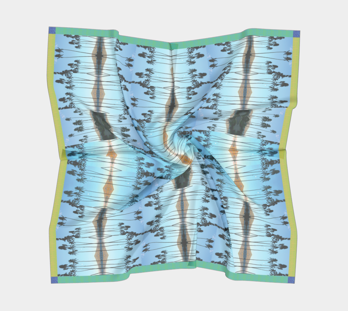 Wavy silk scarf showcasing a mirrored design inspired by Haleakalā Volcano and tropical scenery, created by Leeloo + Zohan, named Haleakalā Horizon.