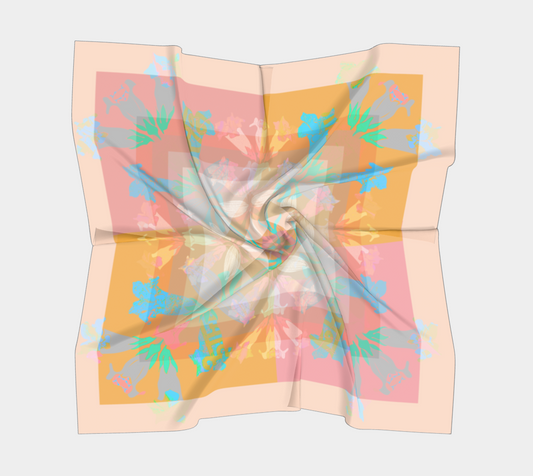 American Folk Art Silk Scarf by Leeloo + Zohan, elegantly displayed in a crumpled position, highlighting its vibrant floral design.
