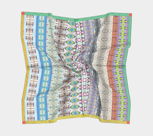 Wrinkled silk scarf titled 'Graffiti of NYC' by Leeloo + Zohan, featuring an eye-catching mix of colorful stripes and geometric designs.